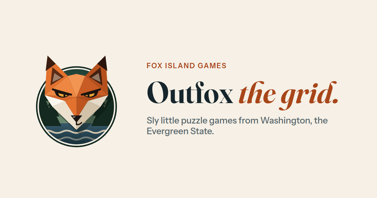 Fox Island Games fox logo with the line Outfox the grid